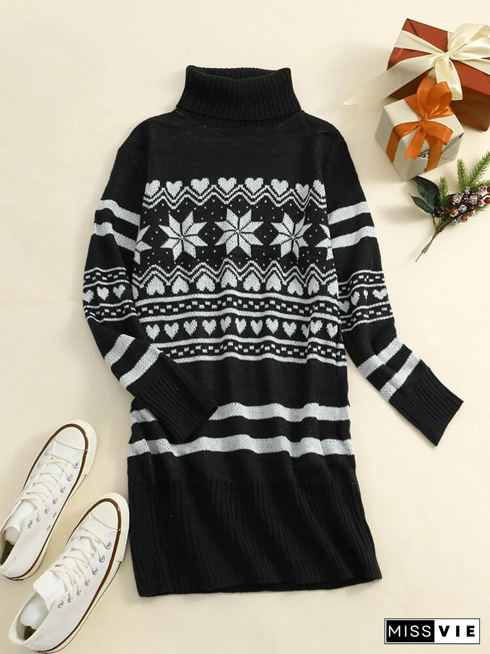 Christmas Snowflake Pattern Turtleneck Long Sleeve Knit Sweater