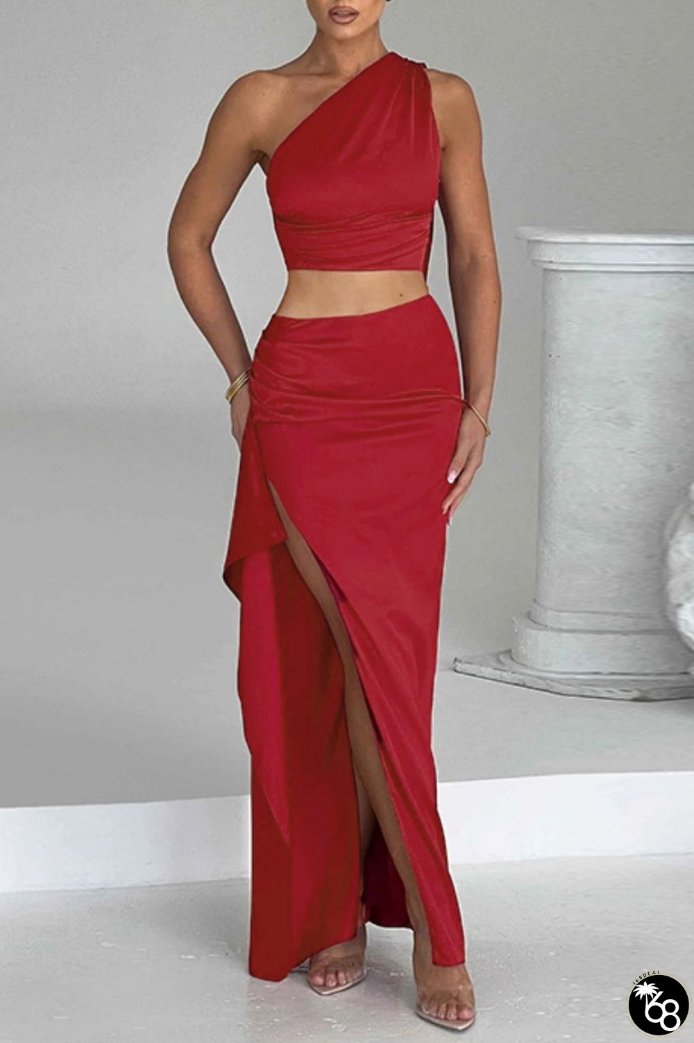 Red Sexy Solid Backless Slit Oblique Collar Sleeveless Two Pieces | 168DEAL