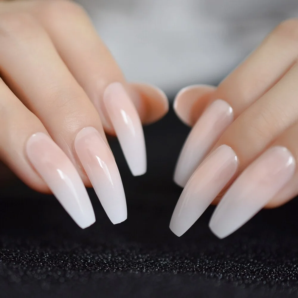 Ombre French Tip Extra Long Ballerina Shape False Press on Natural Nails White Gradient Nude Coffin Tips with Adhesive Tabs 24-Nail Inspo