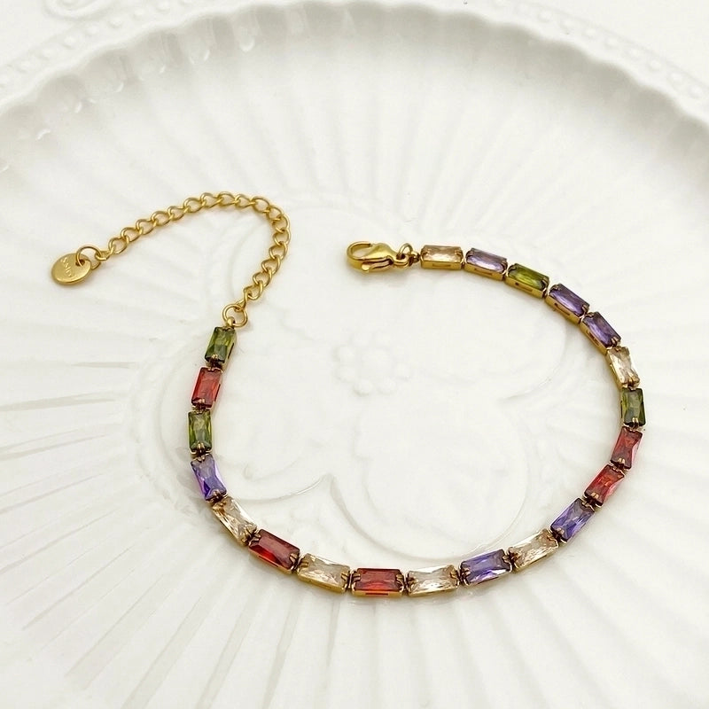 Nordic Style Lady Colorful Rectangle 304 Stainless Steel 14K Gold Plated Zircon Bracelets In Bulk