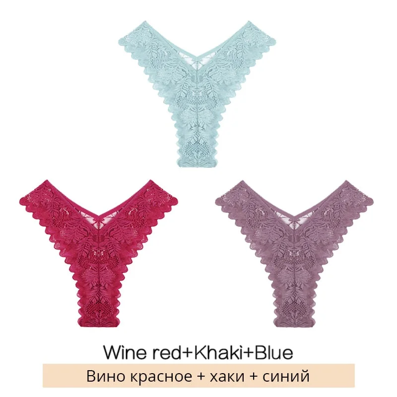 FINETOO Sexy Low-Rise Lace Panties 3Pcs/set Women Floral Brazilian Underwear S-XL Girls T-back Underpants Ladies Lingerie 2021
