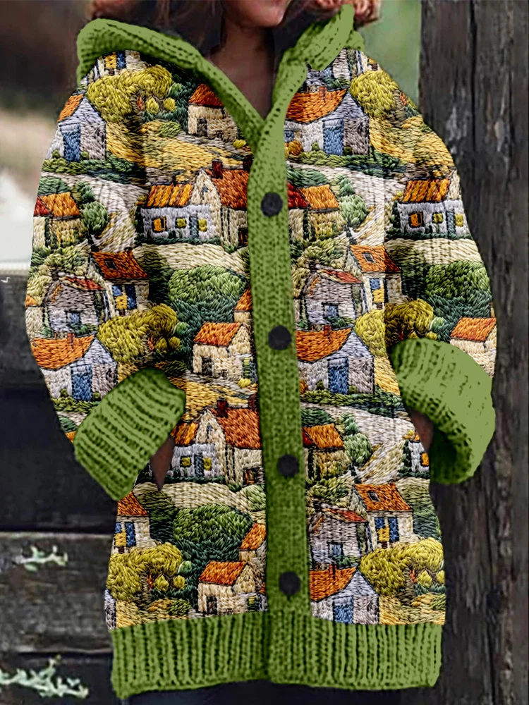 Vintage Garden Houses Embroidery Art Cozy Hooded Cardigan
