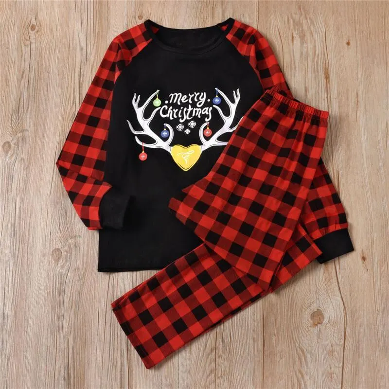 Merry Christmas Deer Antlers Print Red Plaid Family Matching Pajamas Sets