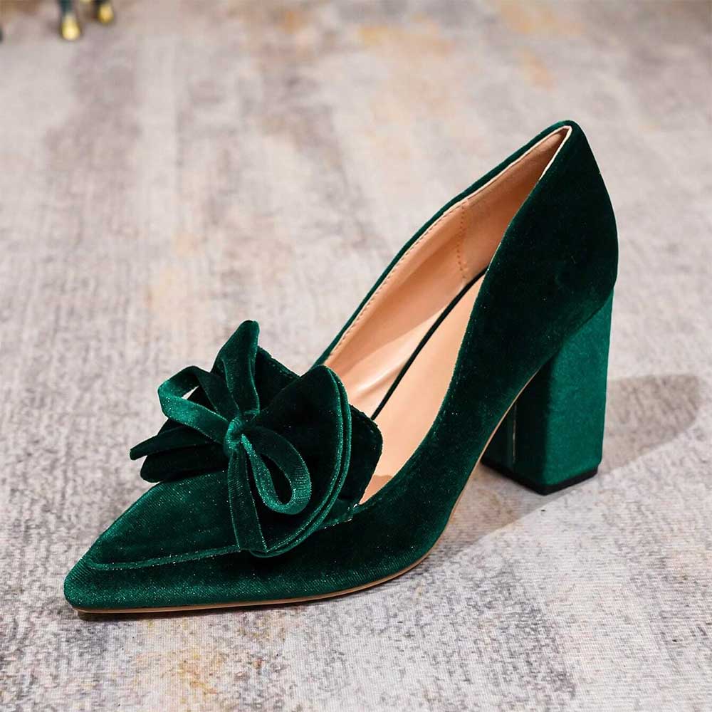 Elegant Velvet Pointed Toe Block Heel Bow Loafer Heels in Green