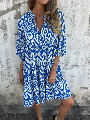 Women's 3/4 Sleeve V-neck Graphic Printed Midi Dress