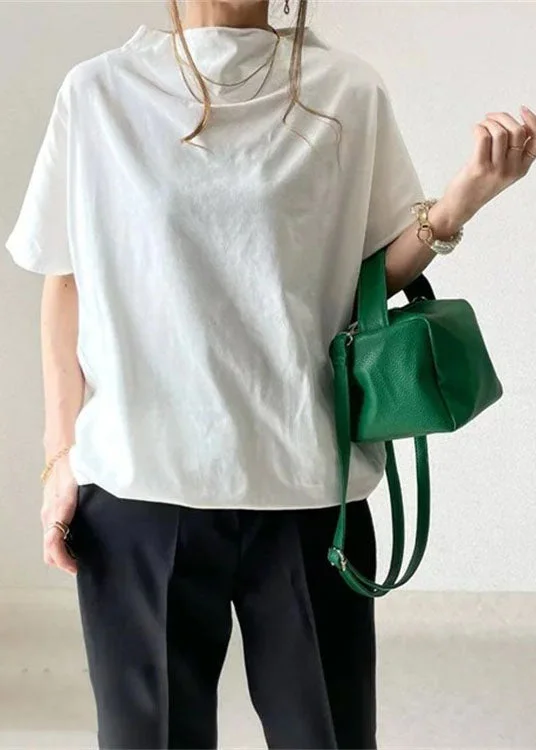 Women White Wrinkled Cotton T Shirt Tops Short Sleeve
