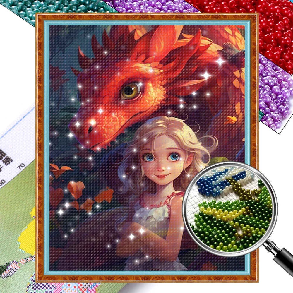 [Bead Embroidery] - 9CT Full Stamped Cross Stitch - Girl Dragon (40*50CM)