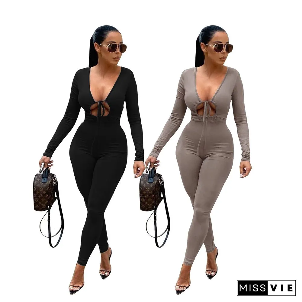 Lace Up Cut Out Long Sleeve Bodycon jumpsuit
