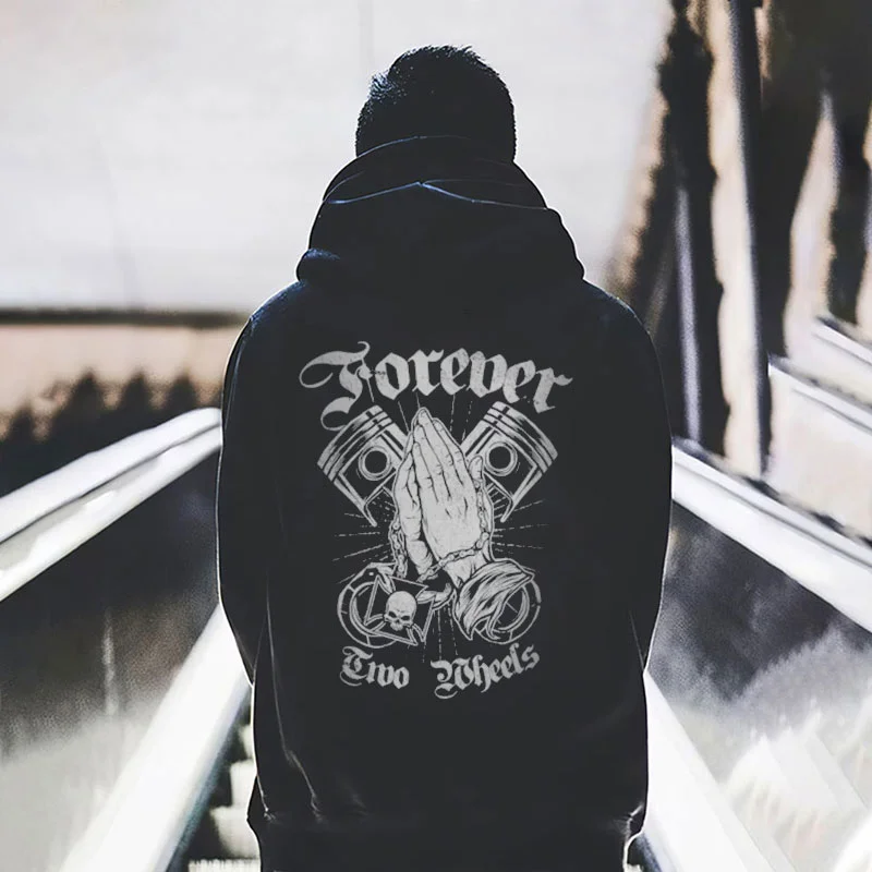 Forever Two Wheels Gesture of Prayer Casual Graphic Black Print Hoodie