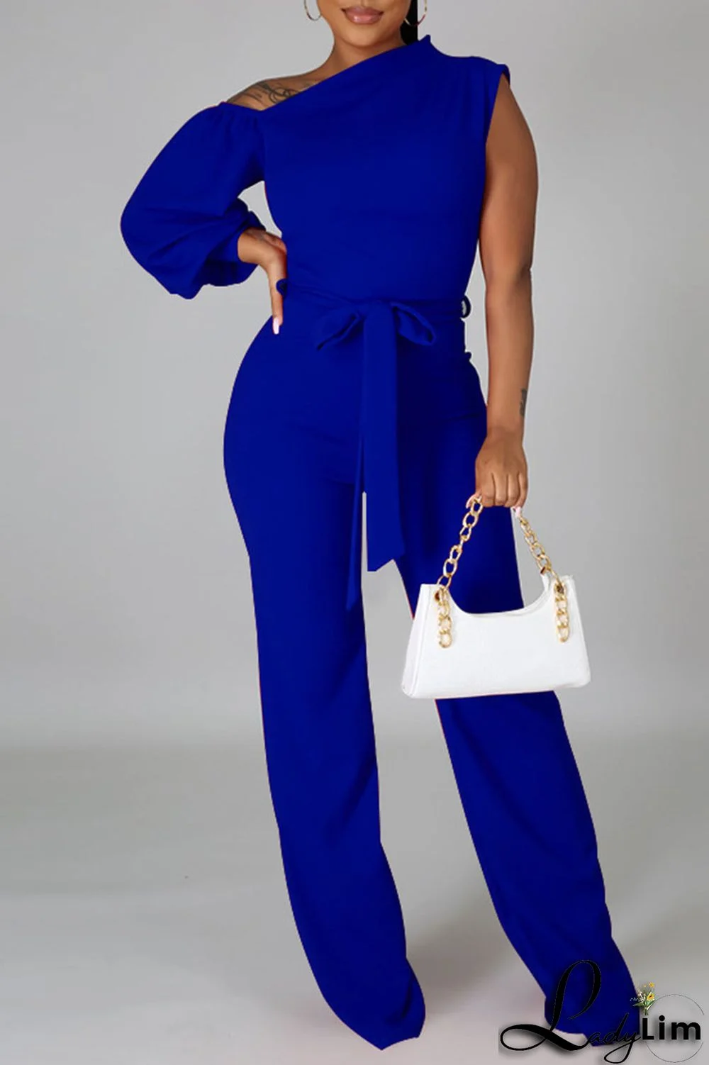 Black Fashion Casual Solid Patchwork Asymmetrical Asymmetrical Collar Straight Jumpsuits