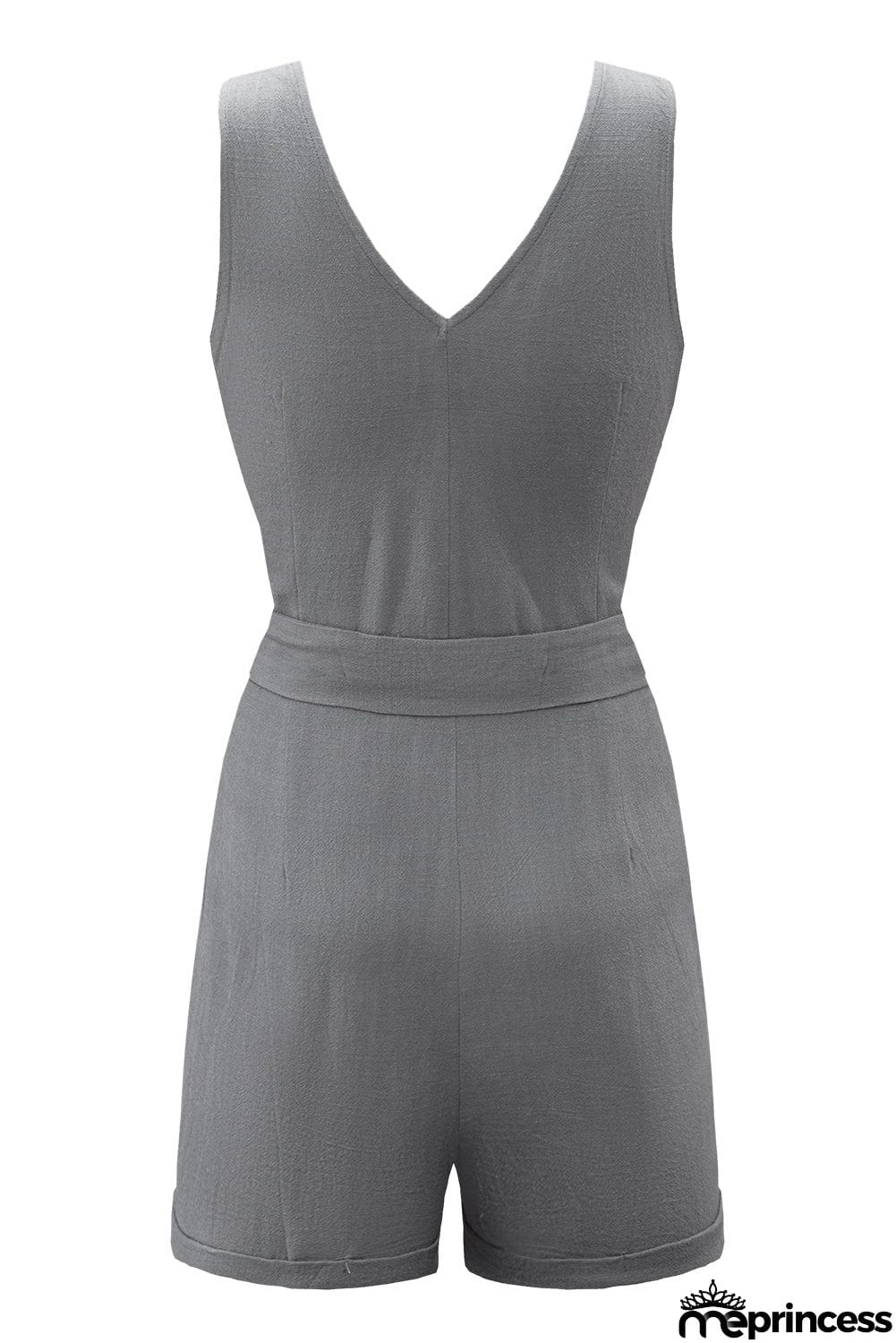 Casual Gray Button V Neck Sleeveless Romper with Belt