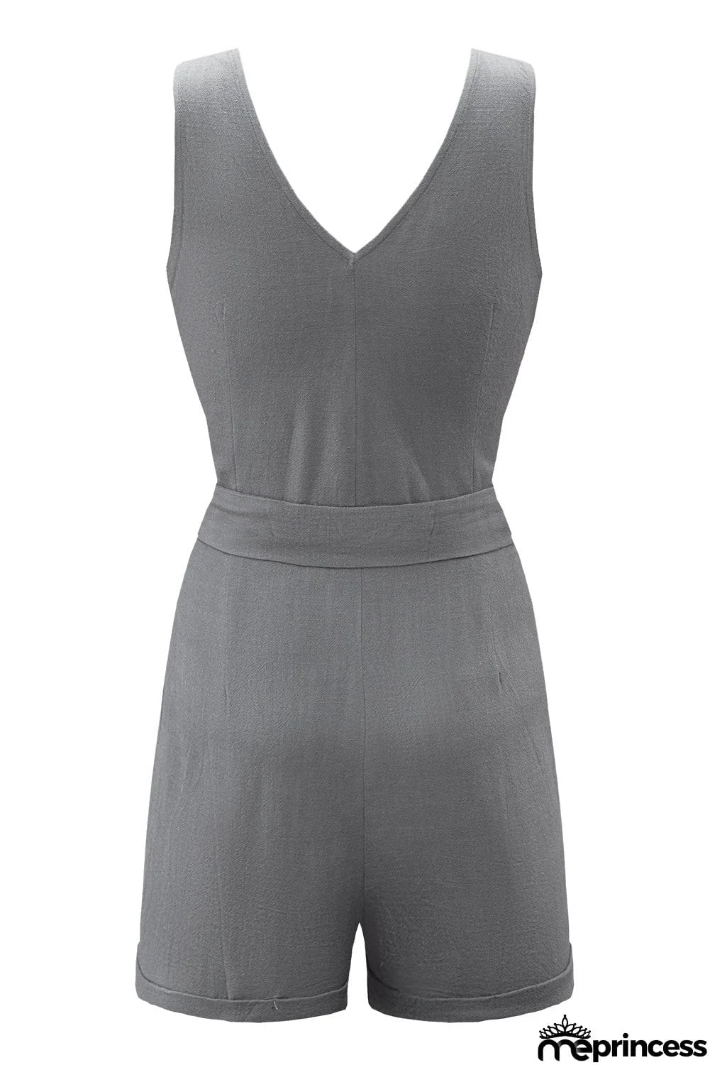 Casual Gray Button V Neck Sleeveless Romper with Belt