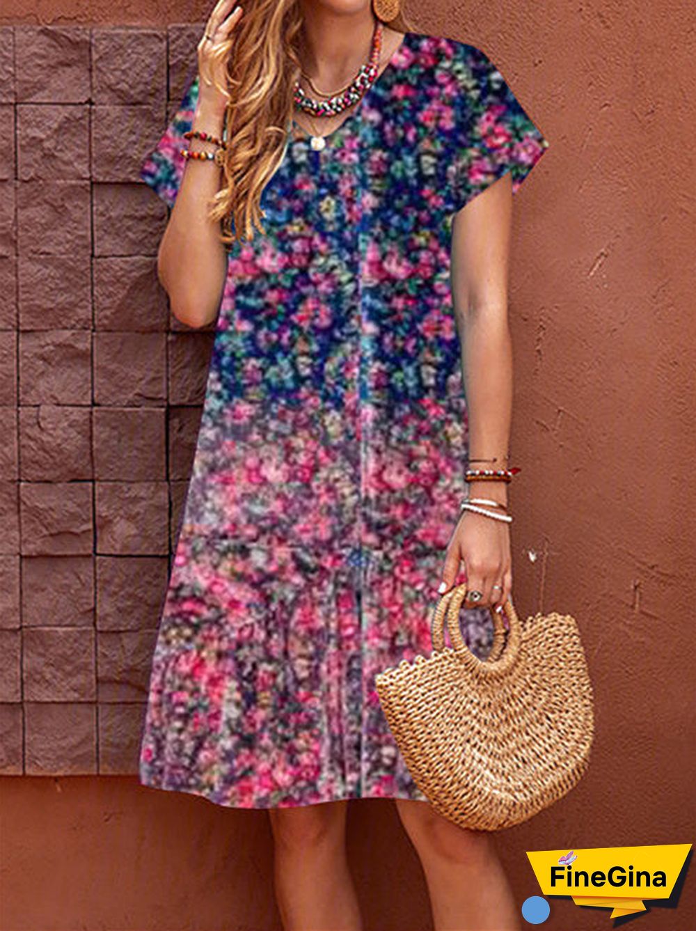 Women Short Sleeve V-neck Floral Printed Gradient Midi Dress