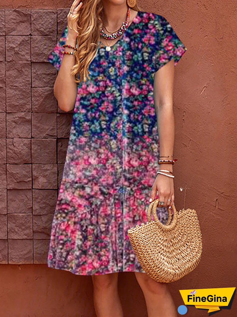 Women Short Sleeve V-neck Floral Printed Gradient Midi Dress