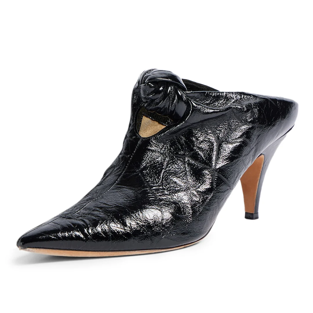 Black Distressed Vegan Leather Pointed Toe Comfy Mules with Kitten Heel