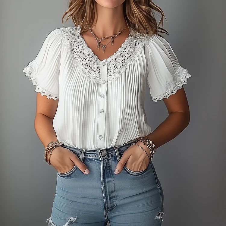 Ursime V Neck Short Sleeve Lace Trim Button Pleated Blouse