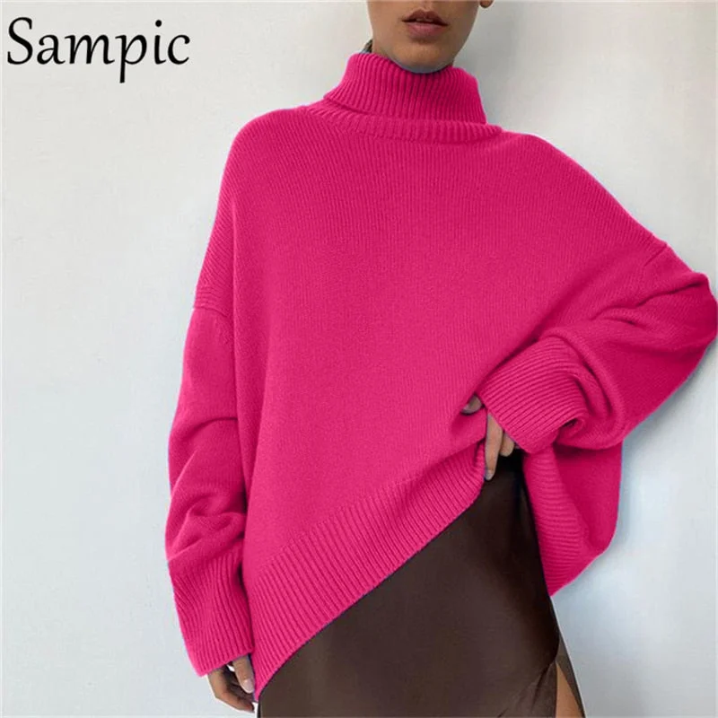 Sampic Green Women Y2K Knitted Tops 2021 Winter Long Sleeve Pullovers Knitwear Sweater Jumpers Casual Solid Turtleneck Sweater