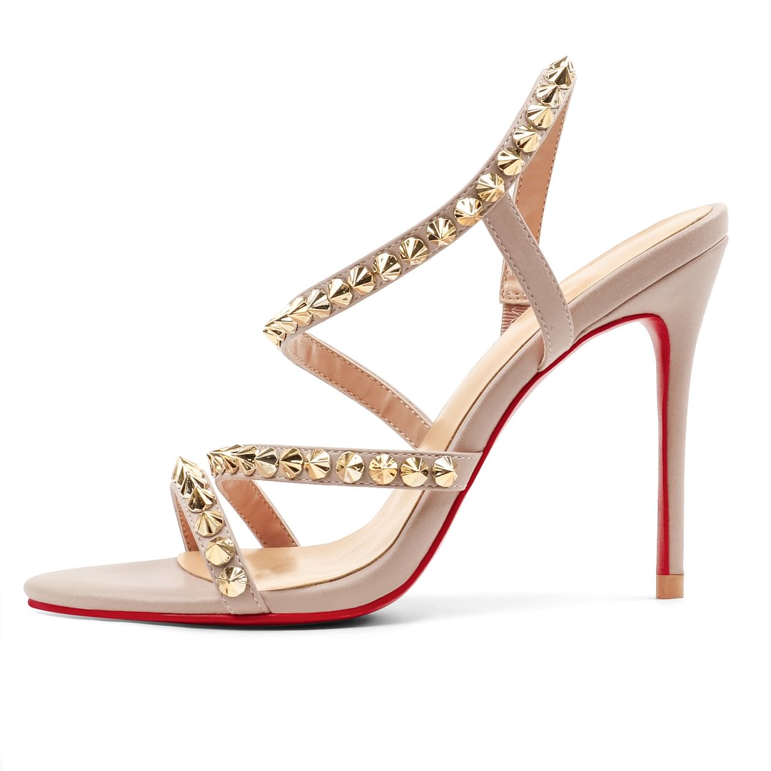 100mm Cross Heel Elastic Strap Gold Studs Red Bottoms Party Stiletto Sandals Pumps-vocosishoes