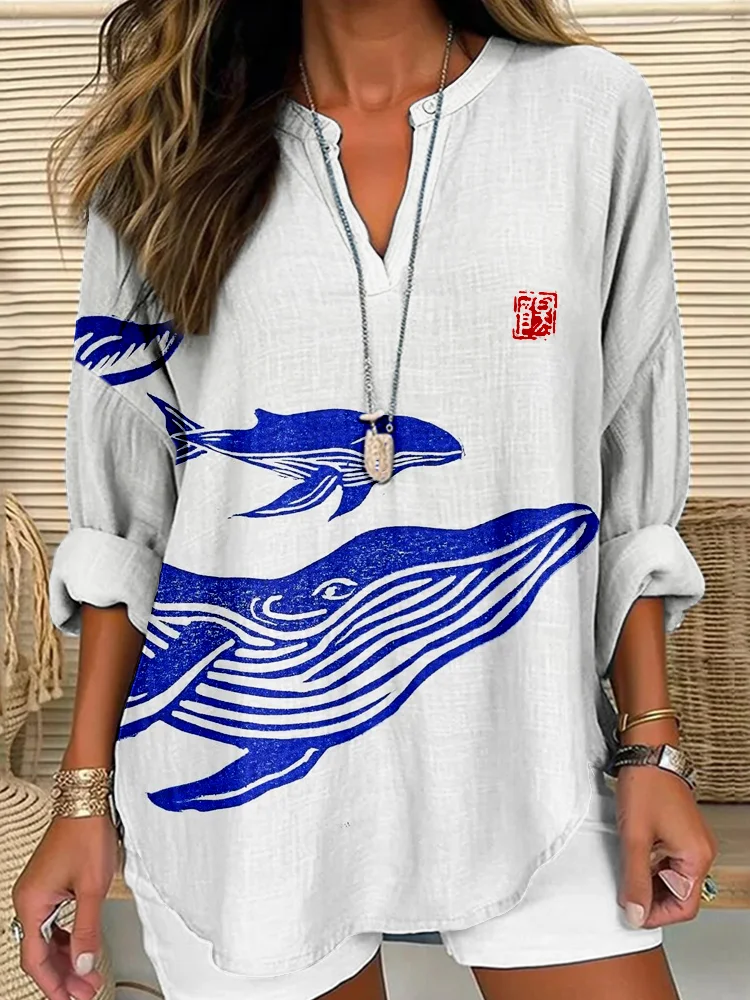 Ocean Whales Lino Art Linen Blend Cozy Tunic