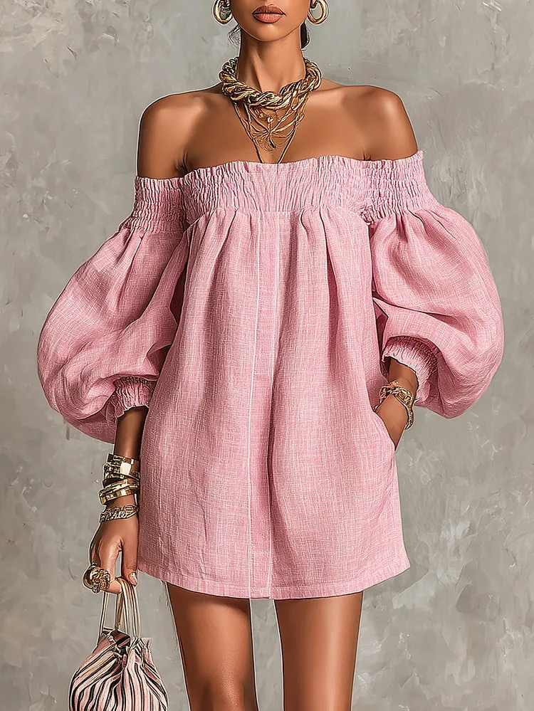 Pink Off-shoulder Lantern Sleeve A-line Loose Mini Dress