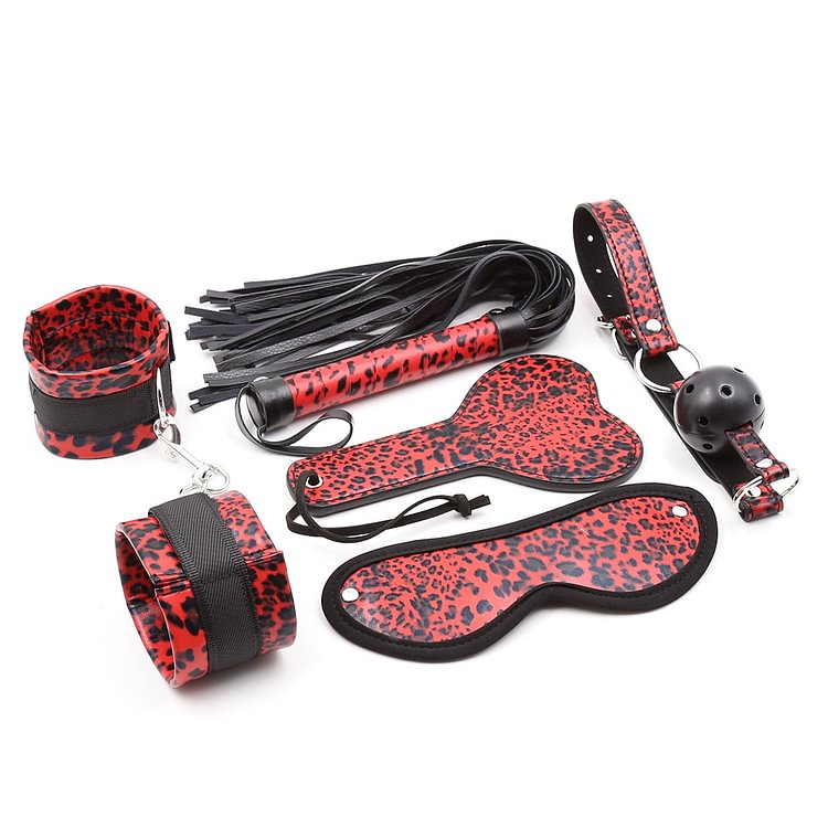 Red leopard print erotic handcuffs leather whip gag eye mask toy set
