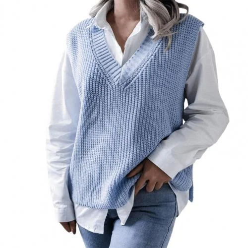 UForever21 2022 Stylish Sweater Vest Plain Weave V Neck Solid Color Women Loose Solid Color High Elasticity Knitted Vest For Daily Wear
