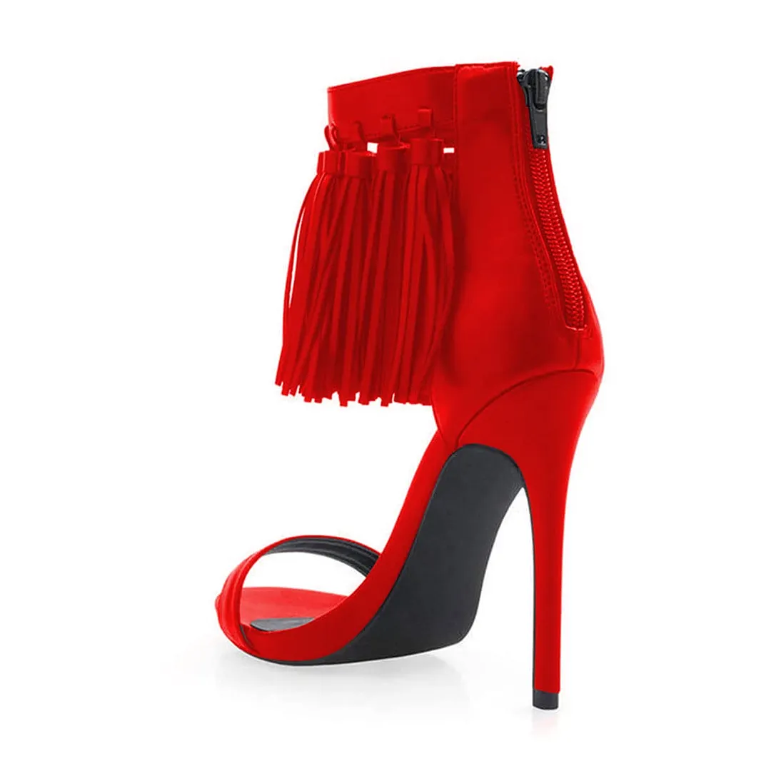 Vegan Leather Tassel Open Toe Zipper Stiletto Heeled Sandals in Red