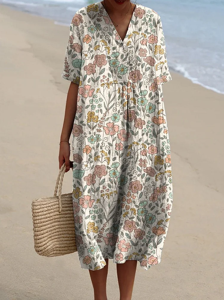 Retro Floral Garden Pattern Printed Women's Flowy Dress