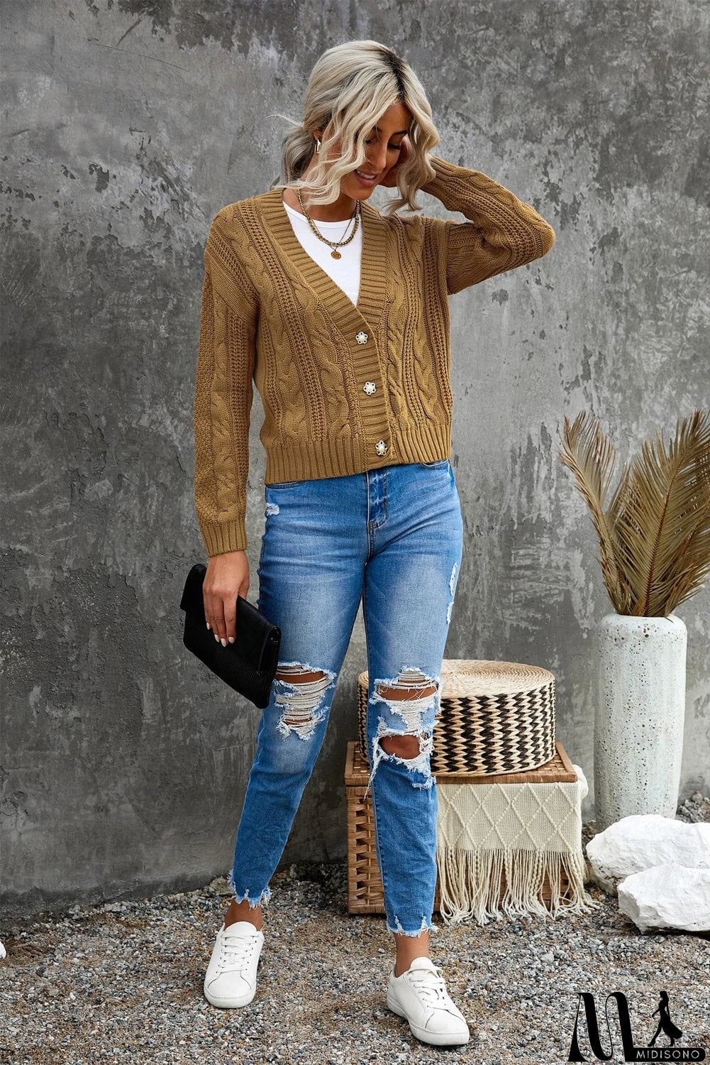 MidiSono - Buttons Weave Knit Cardigan