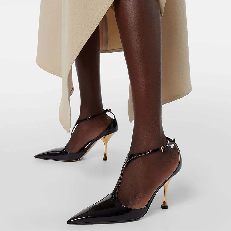 Black Pointed Toe Patent Shoes Elegant T-Strap Stiletto Heels Evening Buckle Pumps |FSJ Shoes
