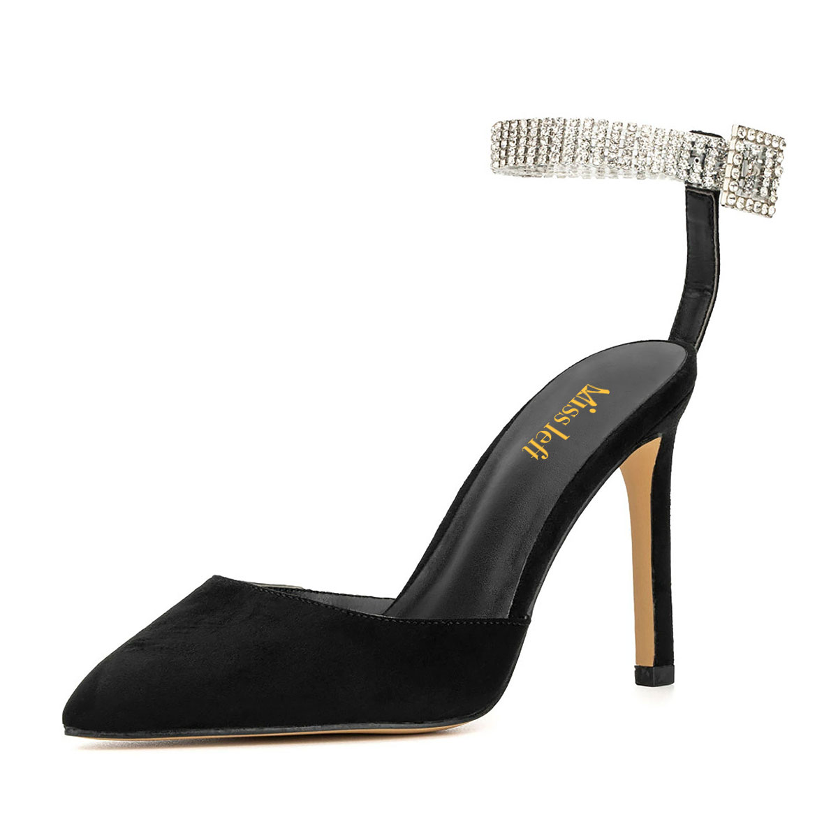 Rhinestone Buckle Ankle Strap Pointed Toe Stiletto Heel Black Pumps Nicepairs