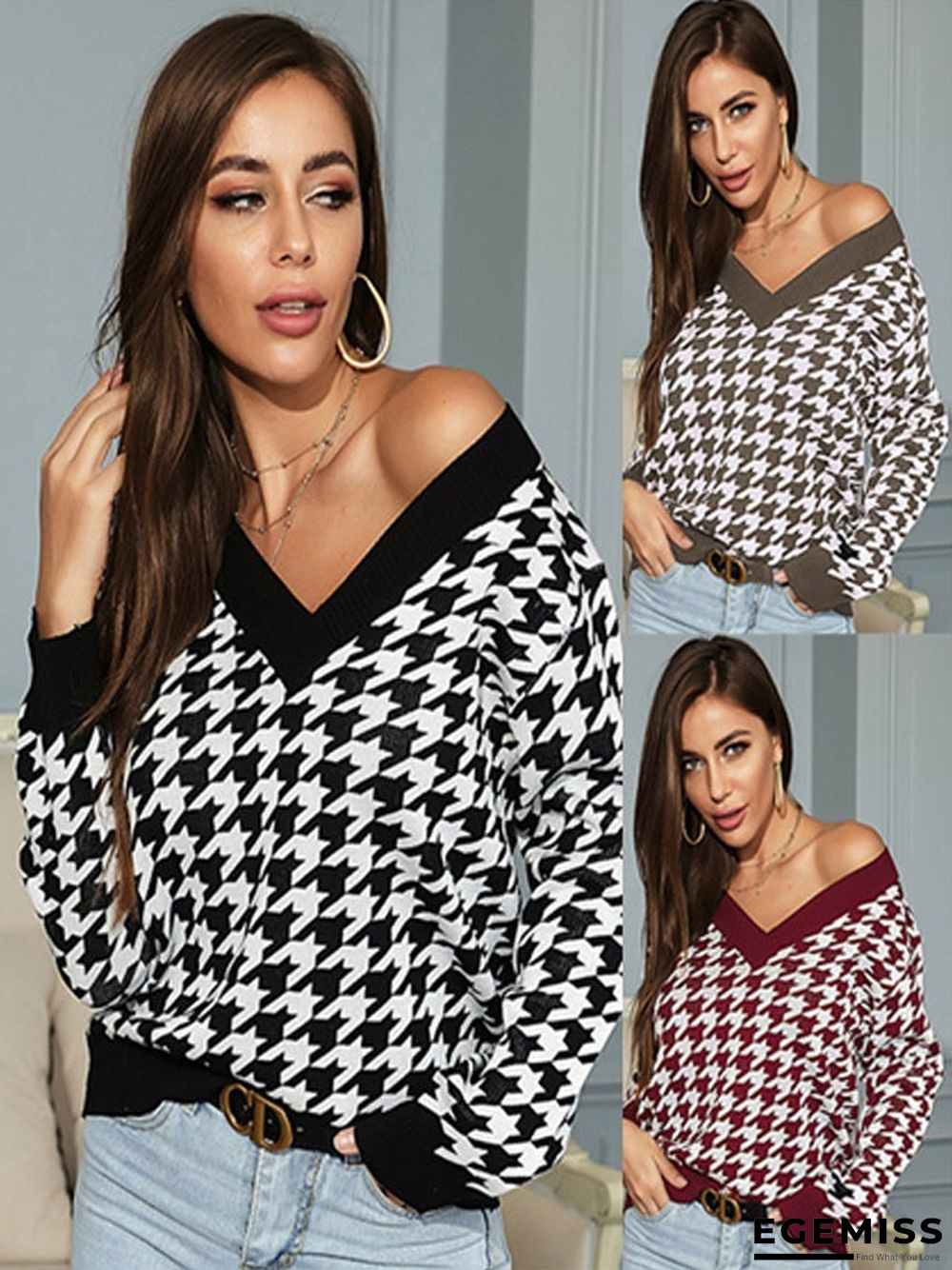 Long-sleeved Thousand Bird Geiger V Collar Bottom Knitted Sweater Girl | EGEMISS