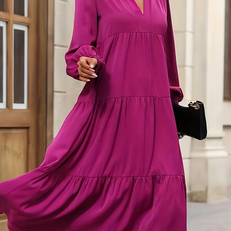 V Neck Tiered Dress, Casual Solid Long Sleeve Simple Dress