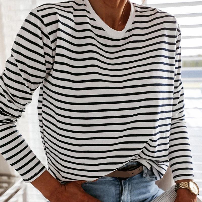 Casual Women Striped T-shirt Black and White Striped Long Sleeve Tops Fashion O Neck Pullover Loose Cotton Female Tees Tops