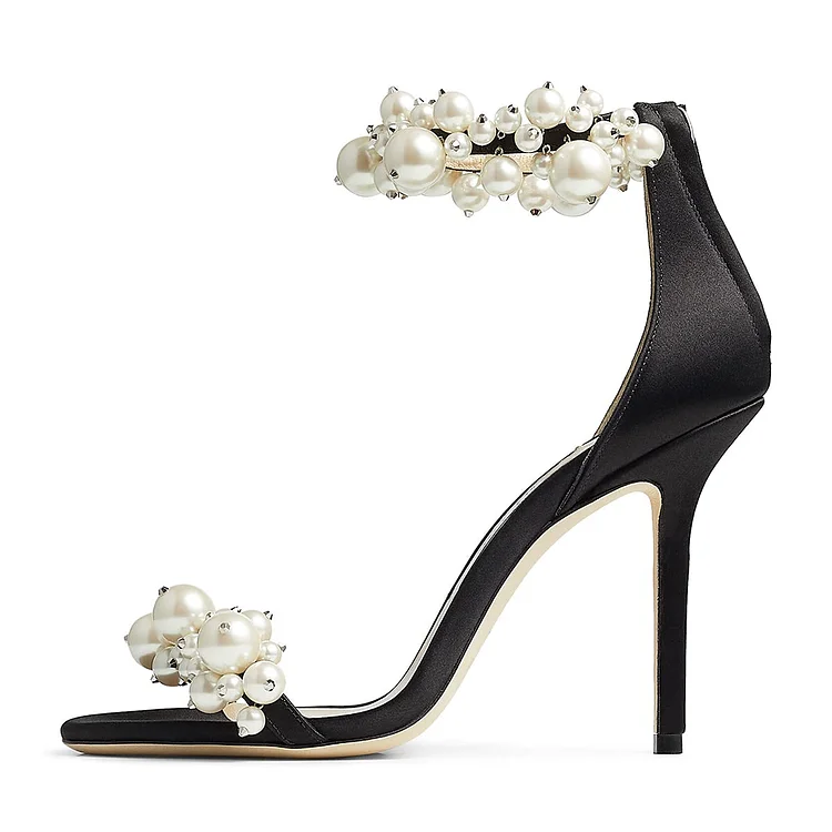 White Leather Ankle  Strap High Heel Sandals with Pearl Embellishments Vdcoo
