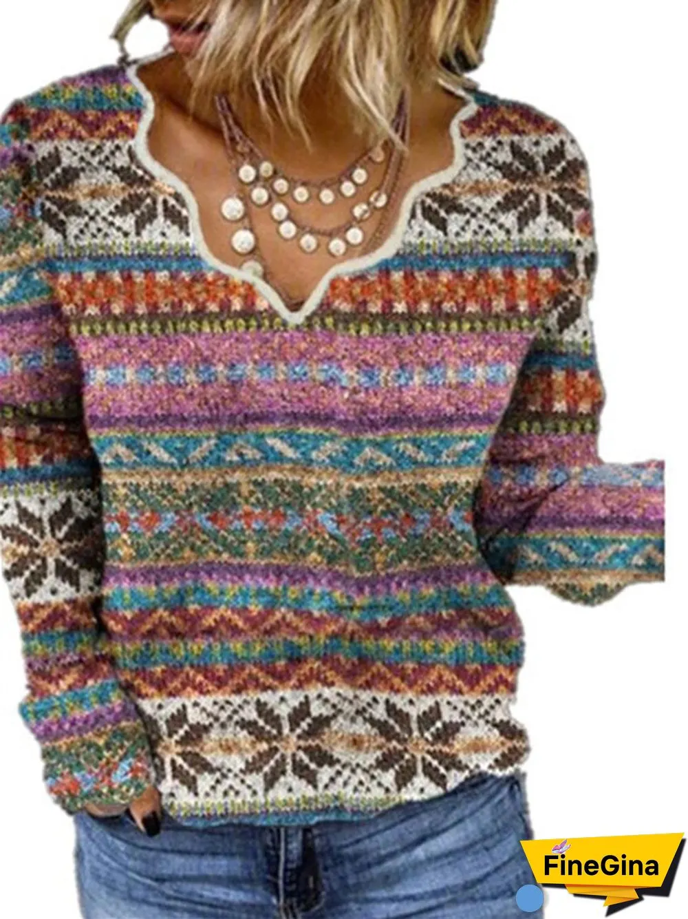 Women's Graphic Printed Long Sleeve V-neck Top