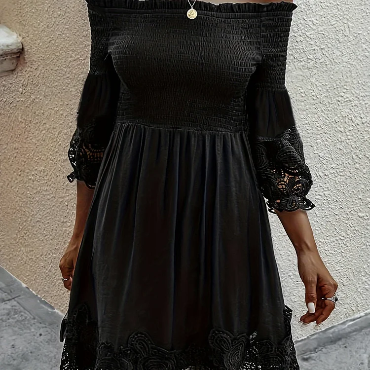 Solid Off Shoulder Shirred Dress, Elegant 3\u002F4 Sleeve Lace Hem Dress, Women's Clothing