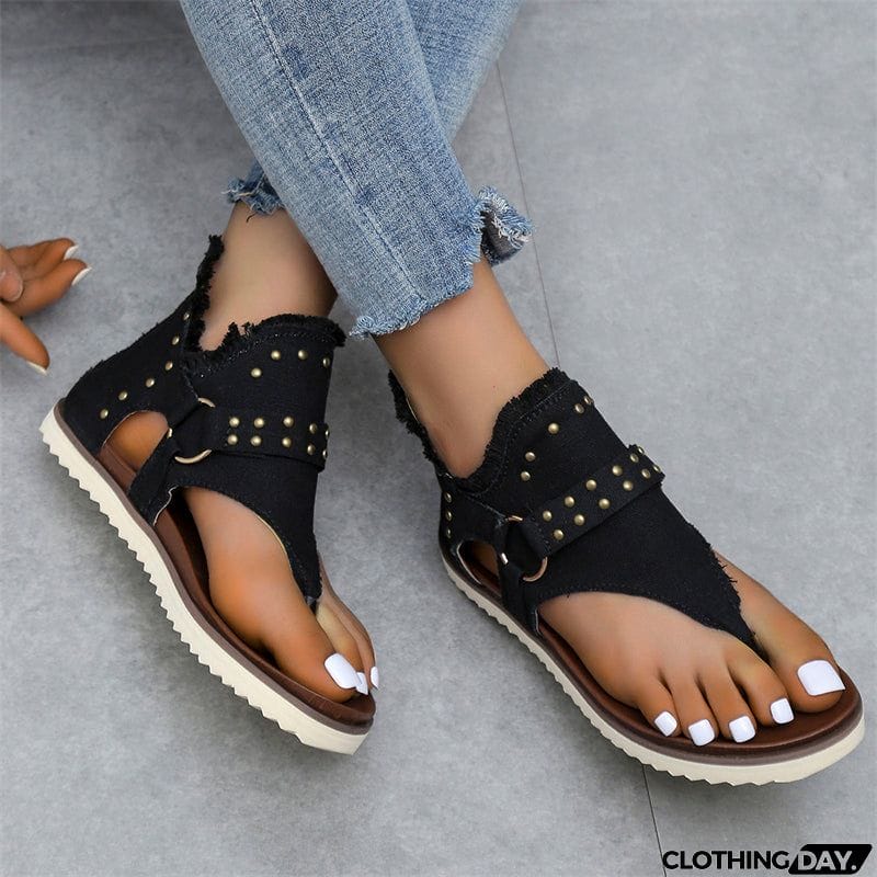 Trendy Metal Rivets Flat Zipper Roman Sandals for Lady