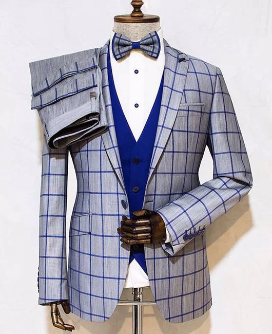 OK Dressy Plaid Blazer & Pants & Vest & Shirt & Bow Tie 5Pcs Set 