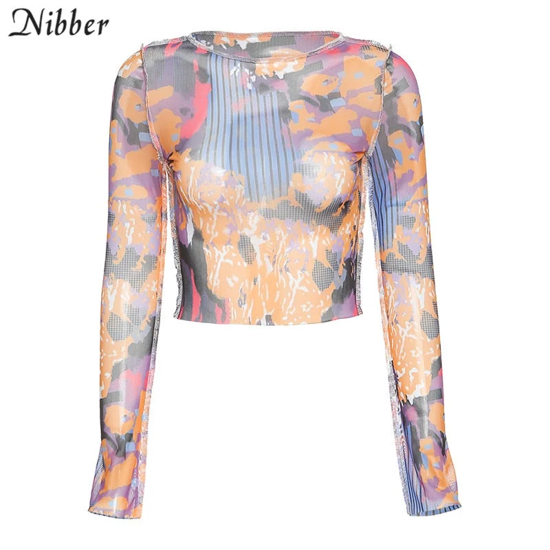 Nibber vintage Tie-dye graphic tees croptop sexy see-through mesh fabric casual high streetwear female full party slim tshirt
