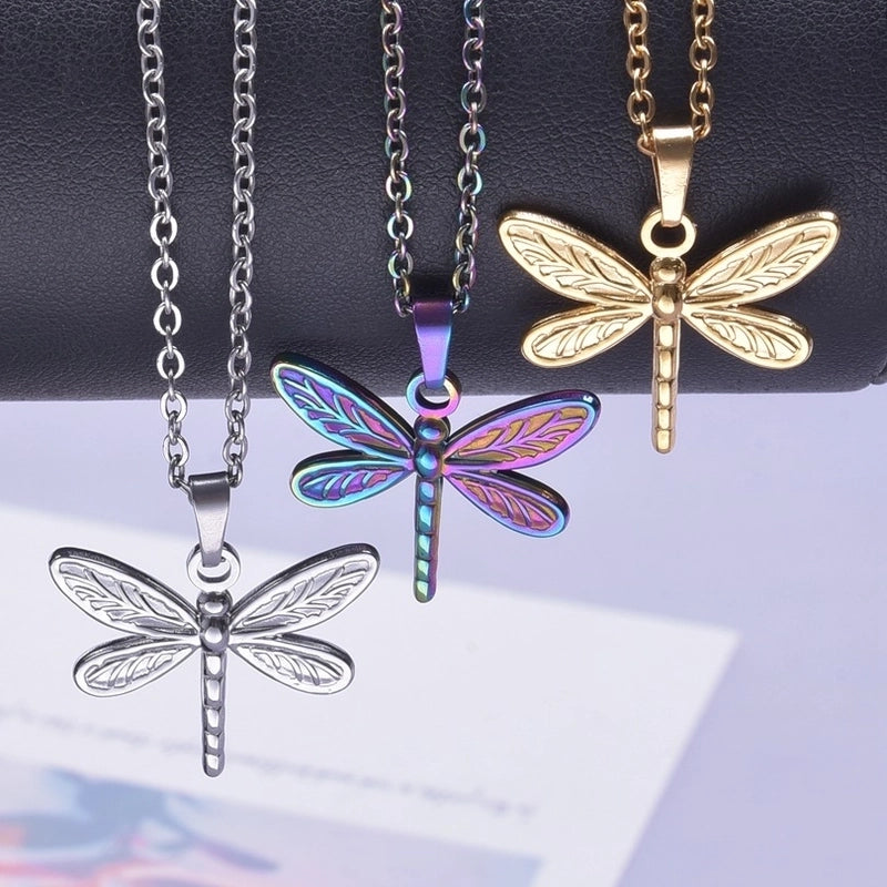 3 Pieces Retro French Style Dragonfly 304 Stainless Steel Plating Pendant Necklace