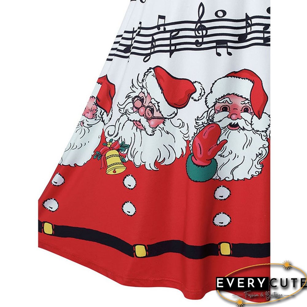 Christmas Party Dress Music Note Santa Print Lace Short Sleeve Dress Plus Size