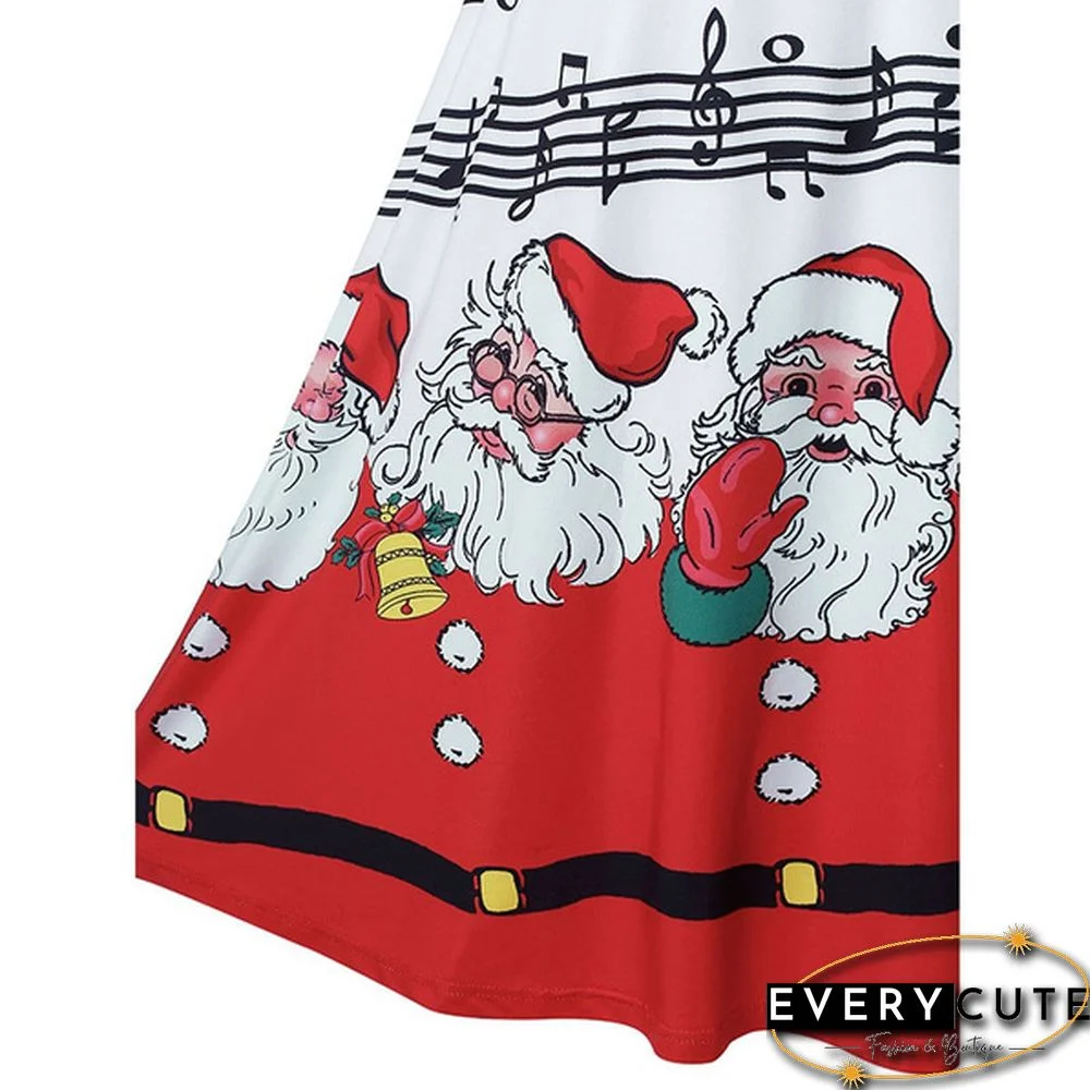 Christmas Party Dress Music Note Santa Print Lace Short Sleeve Dress Plus Size
