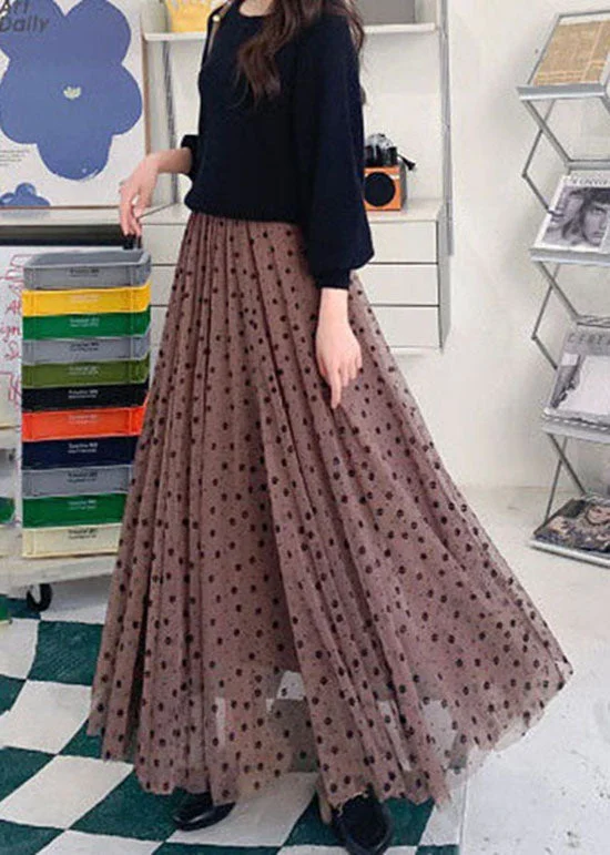 Elegant Coffee Wrinkled Print Patchwork Tulle Skirts Spring