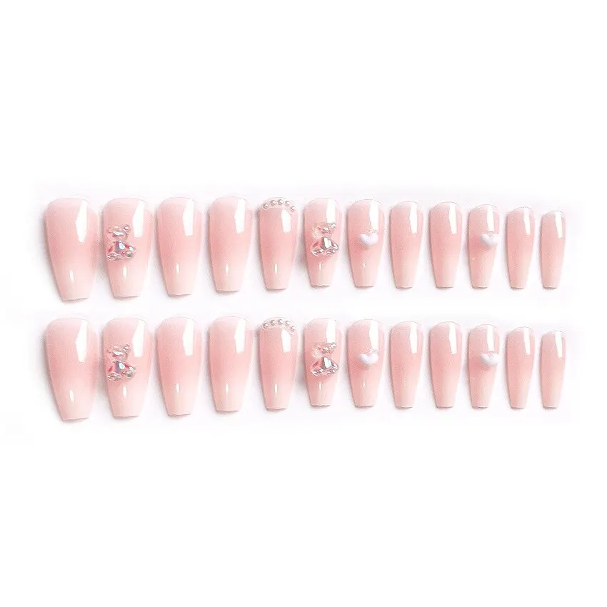 24Pcs Pearl Jelly Fake Nails Cute 3D Crystal Bear Press on Nails Bling Glossy Gradient Pink False Nail Love Dating Finger Tips-Nail Inspo