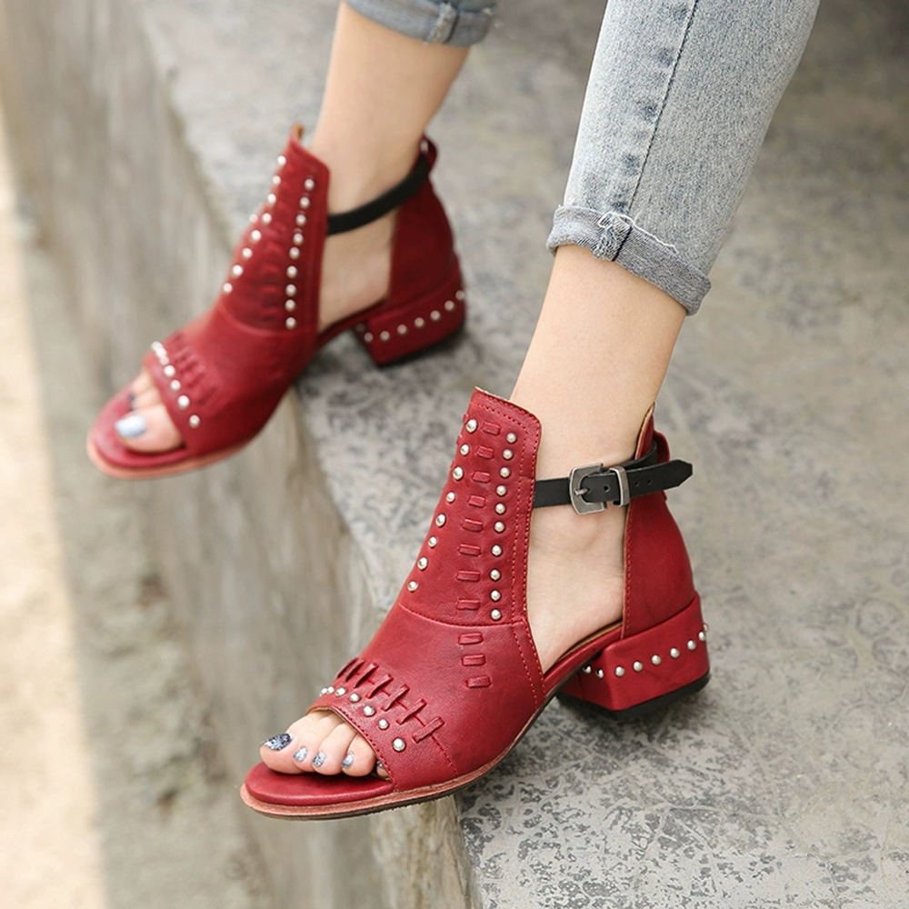 Red Open Toe Chunky Heel Ankle Strap Sandals with Studs Nicepairs