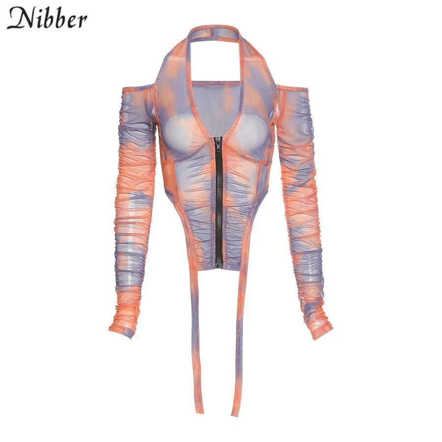 Nibber Stylish See-Through Halter Clubwear Women Tie Dye Stacked Off Shoulder Crop Top Streetwear 2020 Fall Harajuku Mesh Tshirt