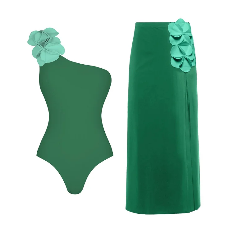 Oblique Shoulder 3D Flower One Piece Swimsuit and Skirt(Shipped on Mar 24th)