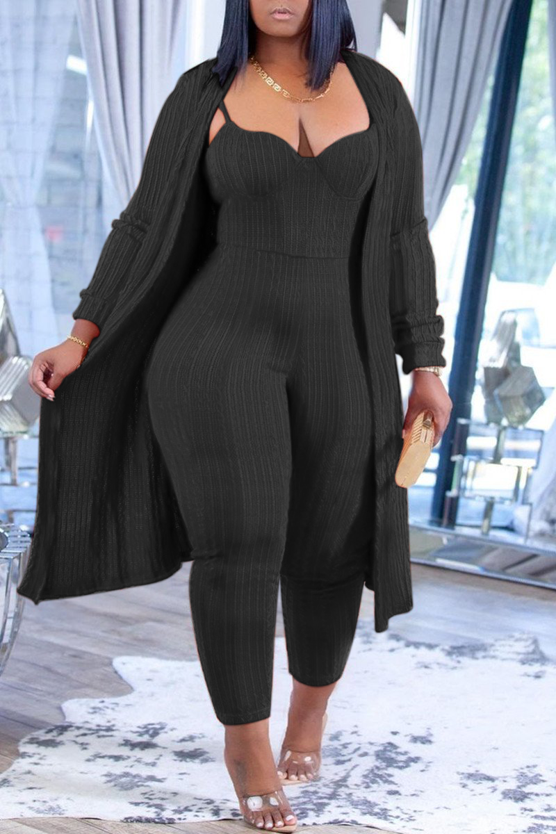 Plus Size Casual Solid Knit Cami Jumpsuit Midi Cardigan Two-piece Set