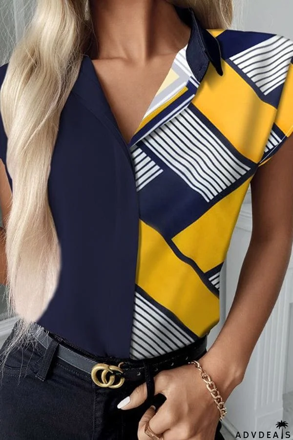 Fashion Print Lapel Cardigan Button Short Sleeve Shirt Top